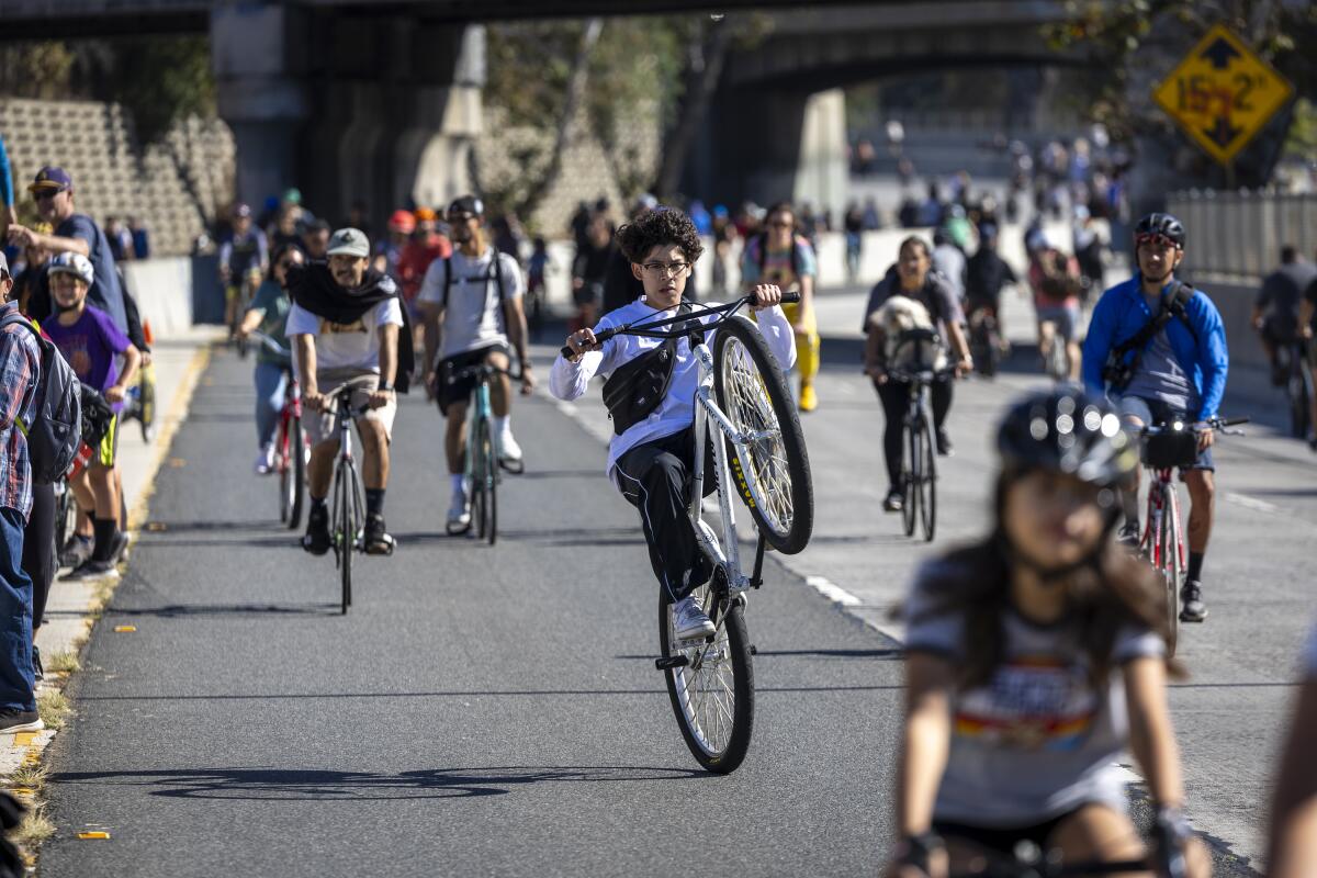 Cyclists and pedestrians fill part of the 110 Freeway in northeast L.A. during Arroyofest on Oct. 29. 