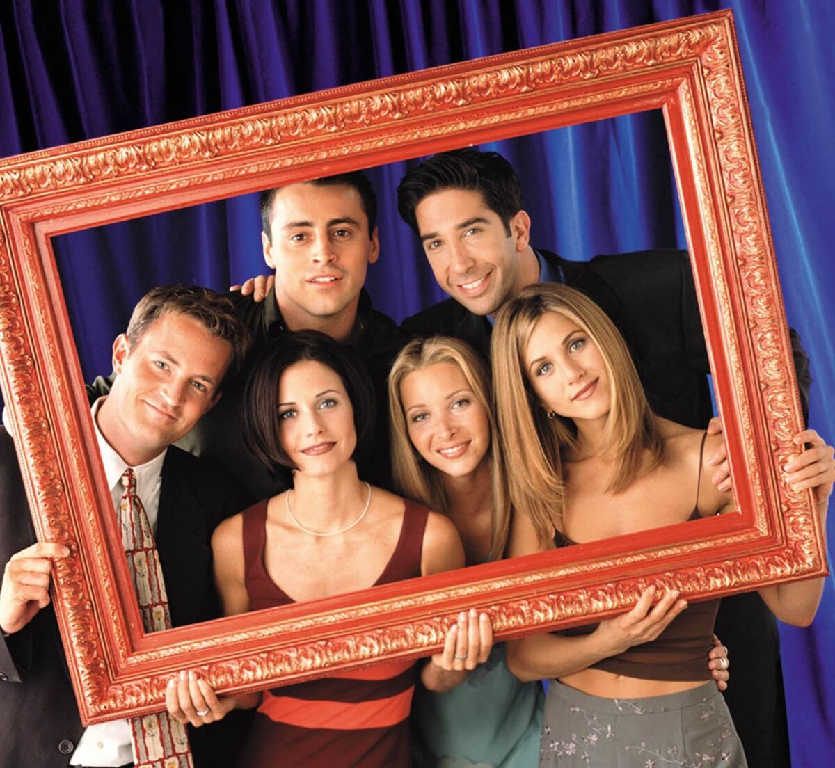 Matt LeBlanc, clockwise, David Schwimmer, Jennifer Aniston, Lisa Kudrow, Courteney Cox and Matthew Perry in a photo from their days on the NBC sitcom "Friends."