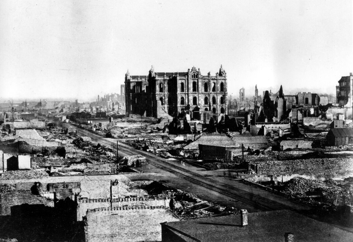 FILE - This general view shows the Chicago Court house and downtown area in the aftermath of the fire in Chicago, Ill., 1871. AP did not have photographers at the time of the Chicago fire but has since added photos like this one in the public domain to our photo archive. (AP Photo, File)