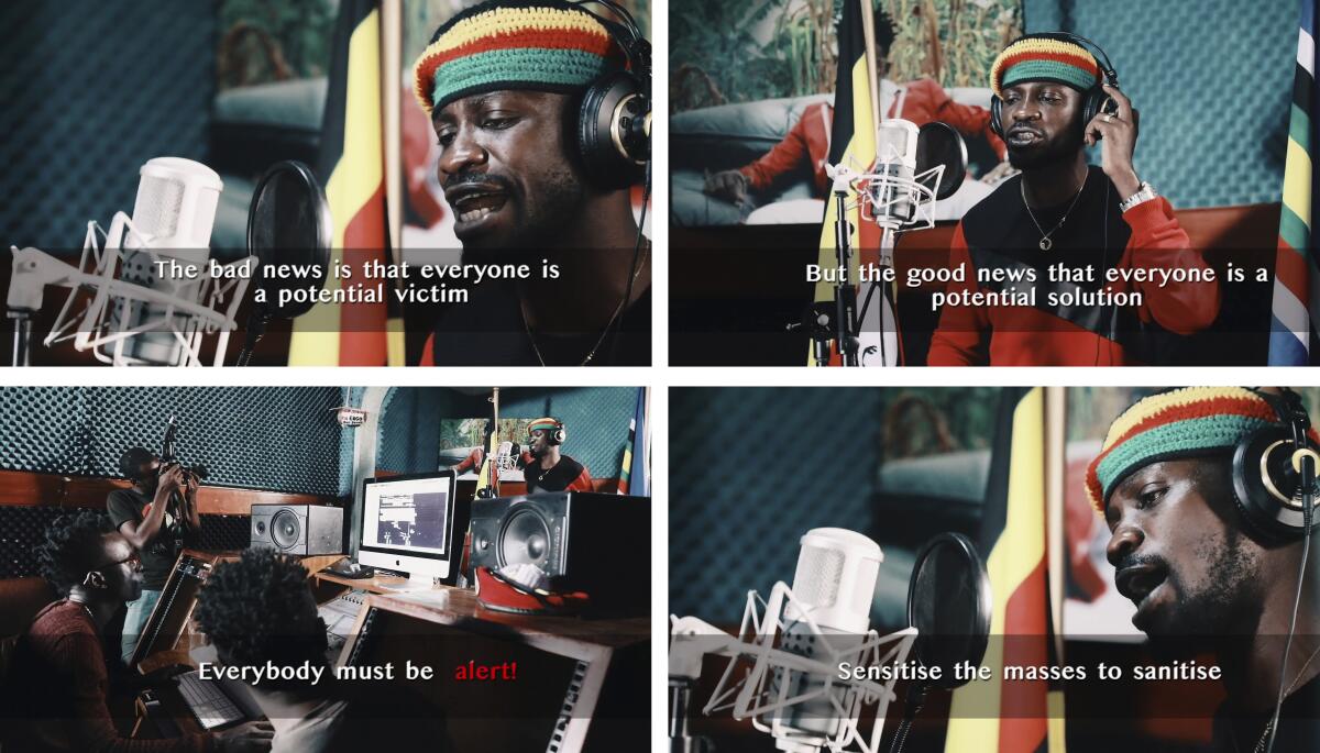 This compilation image made from video frames from the latest music video of Bobi Wine shows the singer recording an informational video educating the public about the dangers of the coronavirus.