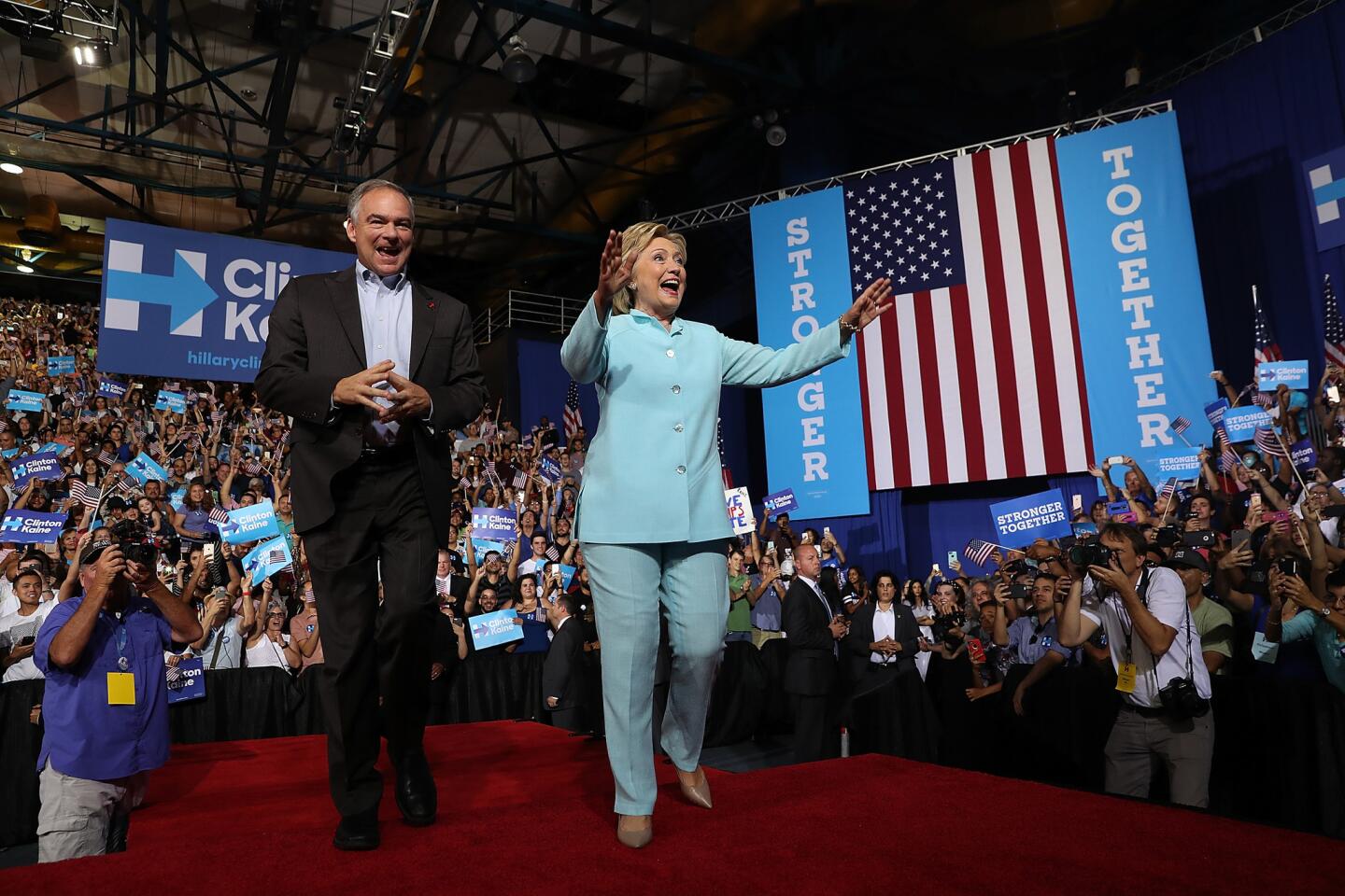 Presumptive Democratic presidential nominee Hillary Clinton introduces her running mate, Va. Sen. Tim Kaine, at rally at Florida International University in Miami on July 23, 2016.