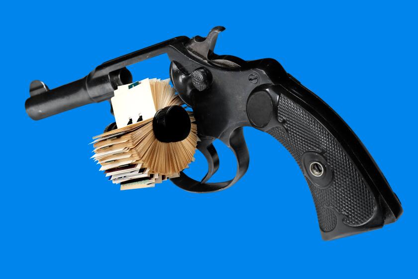 photo illustration of a revolver with the cylinder replaced by a rolodex