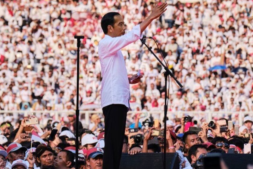 JAKARTA, INDONESIA - APRIL 13: Indonesian President Joko Widodo, popularly known as Jokowi, gives a speech to supporters at a rally at Jakarta's main stadium on April 13, 2019 in Jakarta, Indonesia. Indonesia's general elections will be held on April 17 pitting incumbent President Joko Widodo against Prabowo who he defeated in the last election in 2014.(Photo by Ed Wray/Getty Images) ** OUTS - ELSENT, FPG, CM - OUTS * NM, PH, VA if sourced by CT, LA or MoD **