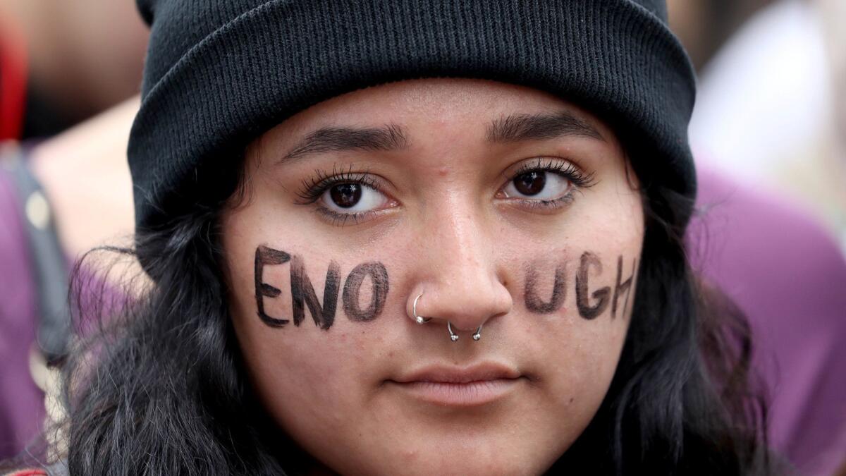 A March for Our Lives participant in downtown L.A. on March 24, 2018. The event was organized in response to the shooting at Marjory Stoneman Douglas High School.