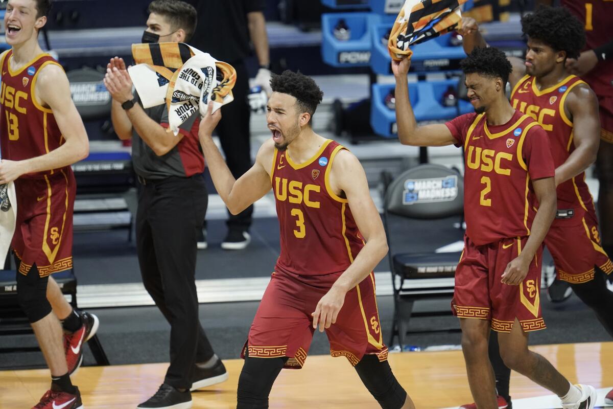 USC forward Isaiah Mobley celebrates after the Trojans' 85-51 win over Kansas.