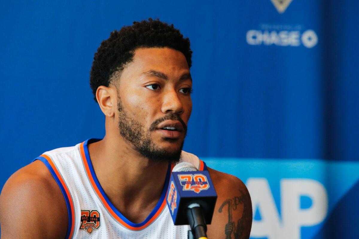 Derrick Rose speaks during a news conference last month during the New York Knicks Media Day.