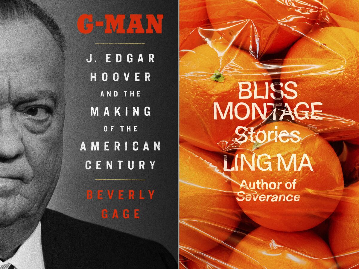 This combination of photos show cover art for "G-Man: J. Edgar Hoover and the Making of the American Century" by Beverly Gage, left, and "Bliss Montage" by Ling Ma, winners of the National Book Critics Circle awards. (Viking via AP, left, and FSG via AP)