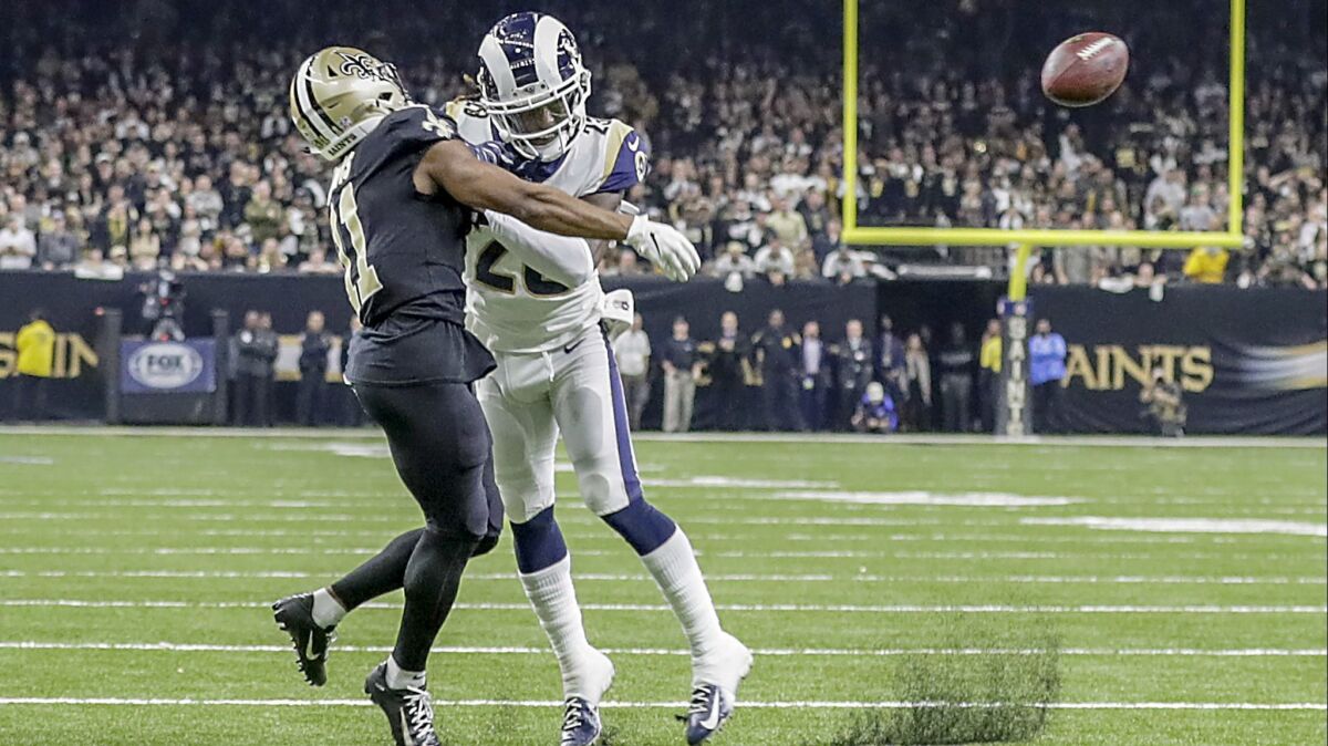 Rams cornerback Nickell Robey-Coleman hits Saints receiver Tommylee Lewis too early in the NFC championship game. 