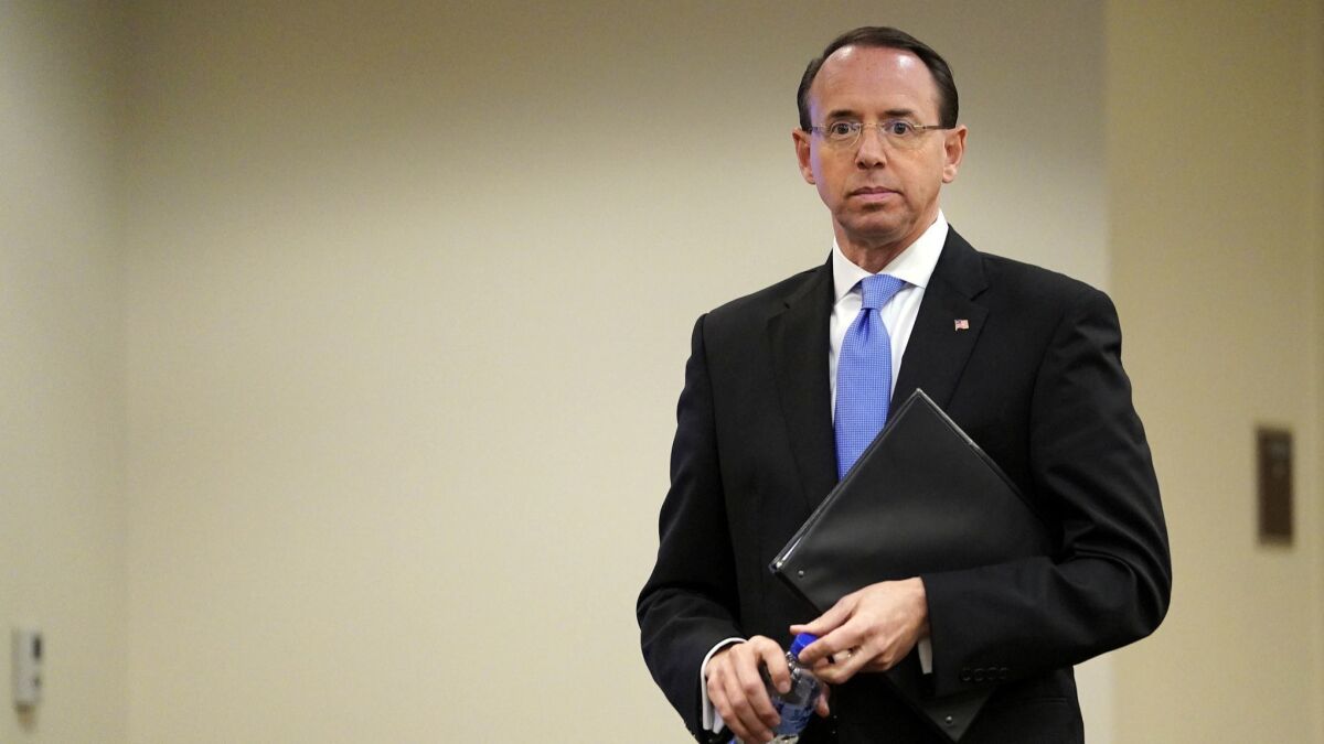 Deputy Atty. Gen. Rod Rosenstein waits to speak at a law enforcement roundtable on Oct. 29. He oversaw the special counsel's Russia investigation.