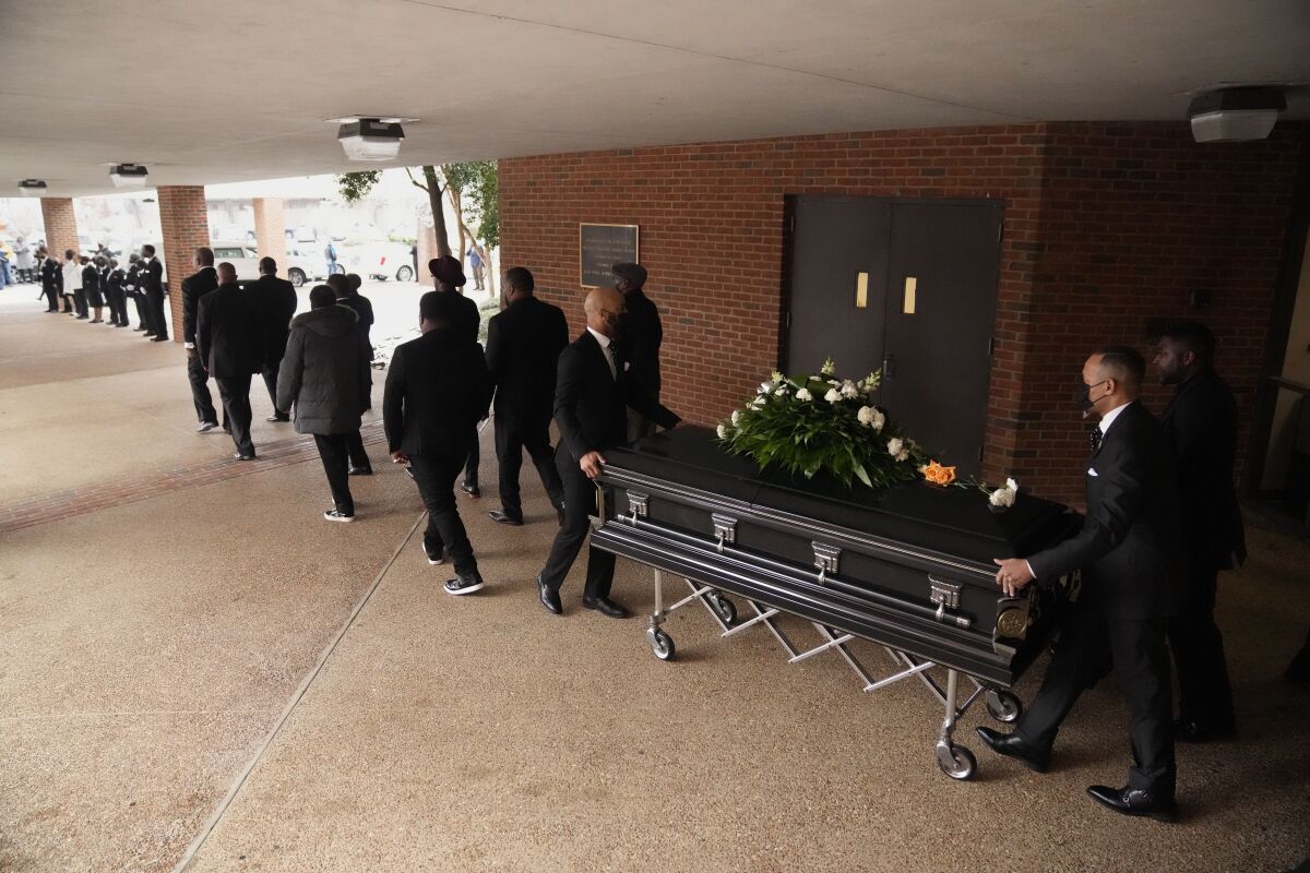 The casket of Tyre Nichols is escorted out of the church after a funeral service on Wednesday in Memphis, Tenn.