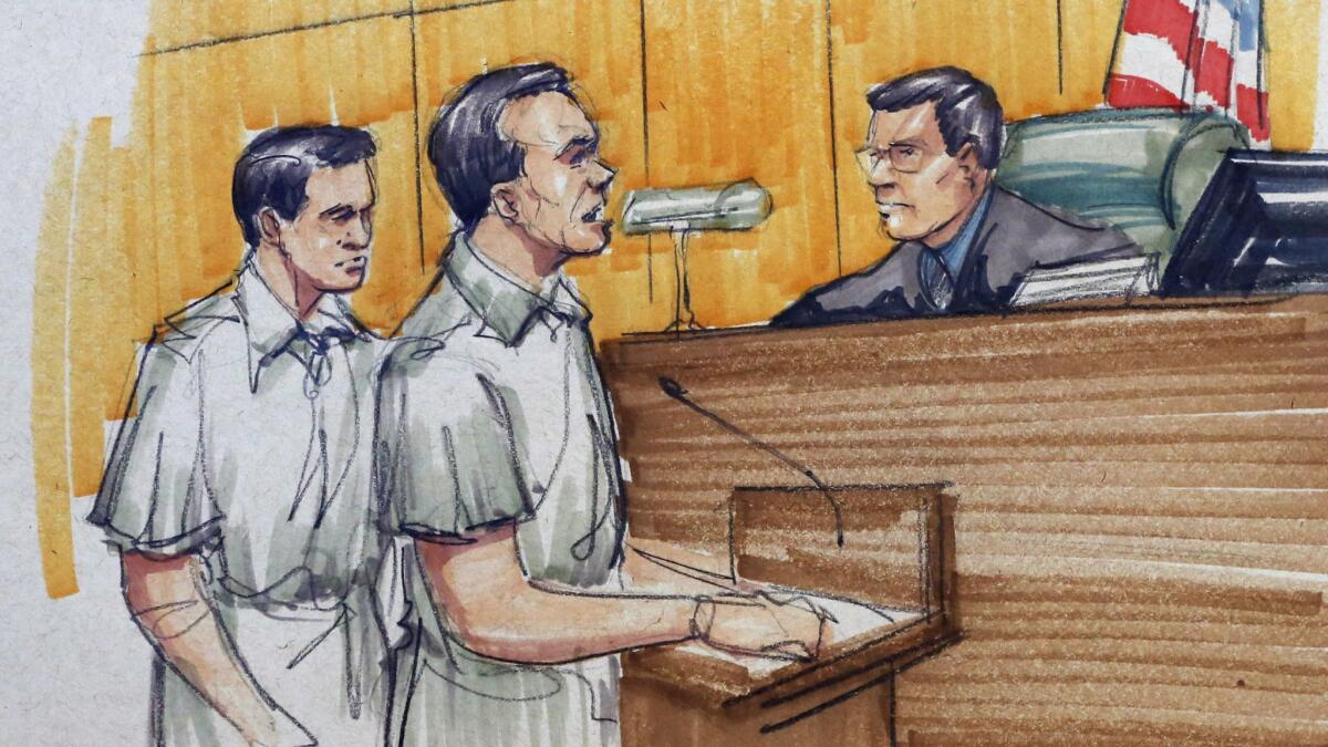 In a 2015 courtroom sketch, Pedro Flores, left, appears before a judge in Chicago with his twin brother, Margarito. Pedro Flores testified against Mexican drug kingpin Joaquin “El Chapo” Guzman on Tuesday in New York.