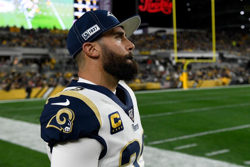 PITTSBURGH, PA - NOVEMBER 10: Eric Weddle #32 of the Los Angeles Rams looks on from the sideline in the first half against the Pittsburgh Steelers at Heinz Field on November 10, 2019 in Pittsburgh, Pennsylvania. (Photo by Justin Berl/Getty Images)
