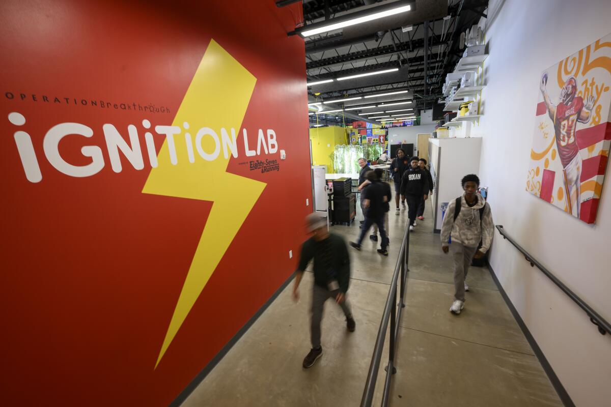 Students and staff change classrooms during a break at Ignition Lab.