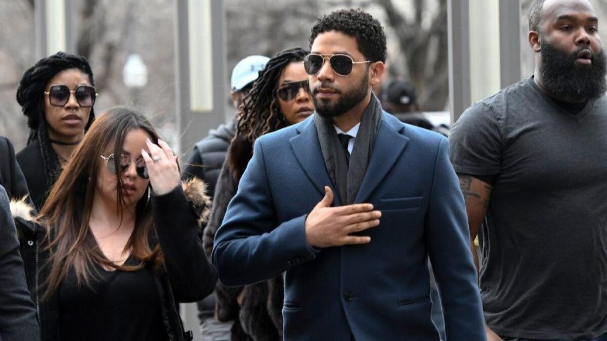 "Empire" actor Jussie Smollett arrives at the Leighton Criminal Court Building in Chicago on March 14.