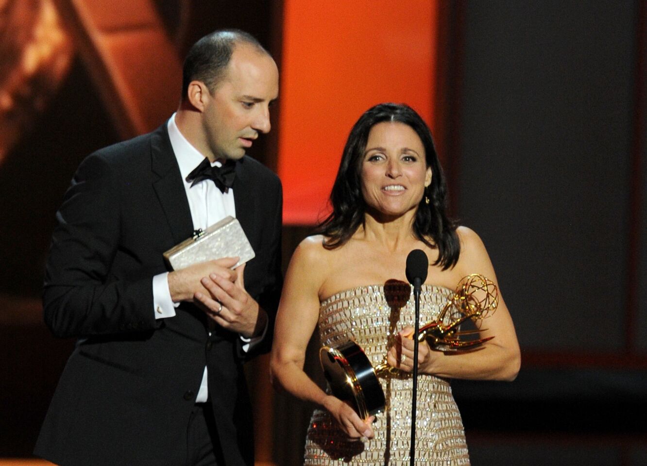 Julia Louis-Dreyfus and Tony Hale carried their characters from "Veep" up on the stage for Dreyfus' win for actress in a comedy series. Hale, who had just won for supporting actor in a comedy series, stood behind, holding her clutch and whispering acceptance speech suggestions, such as "You love them so much." If only more performers brought their characters on stage with them, maybe people wouldn't dread award speeches so much.