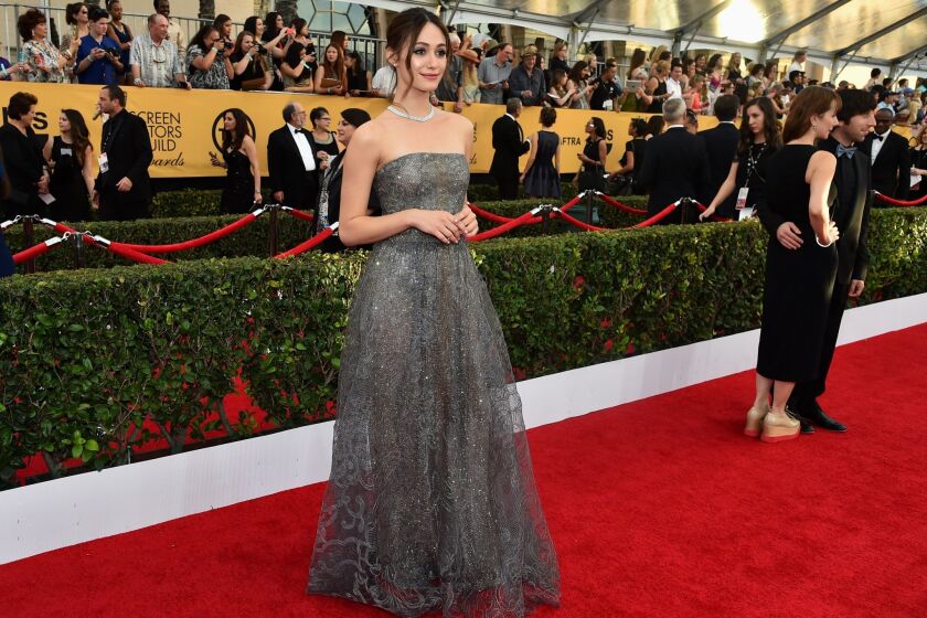 Emmy Rossum in Armani at the 2015 SAG awards at the Shrine Auditorium.