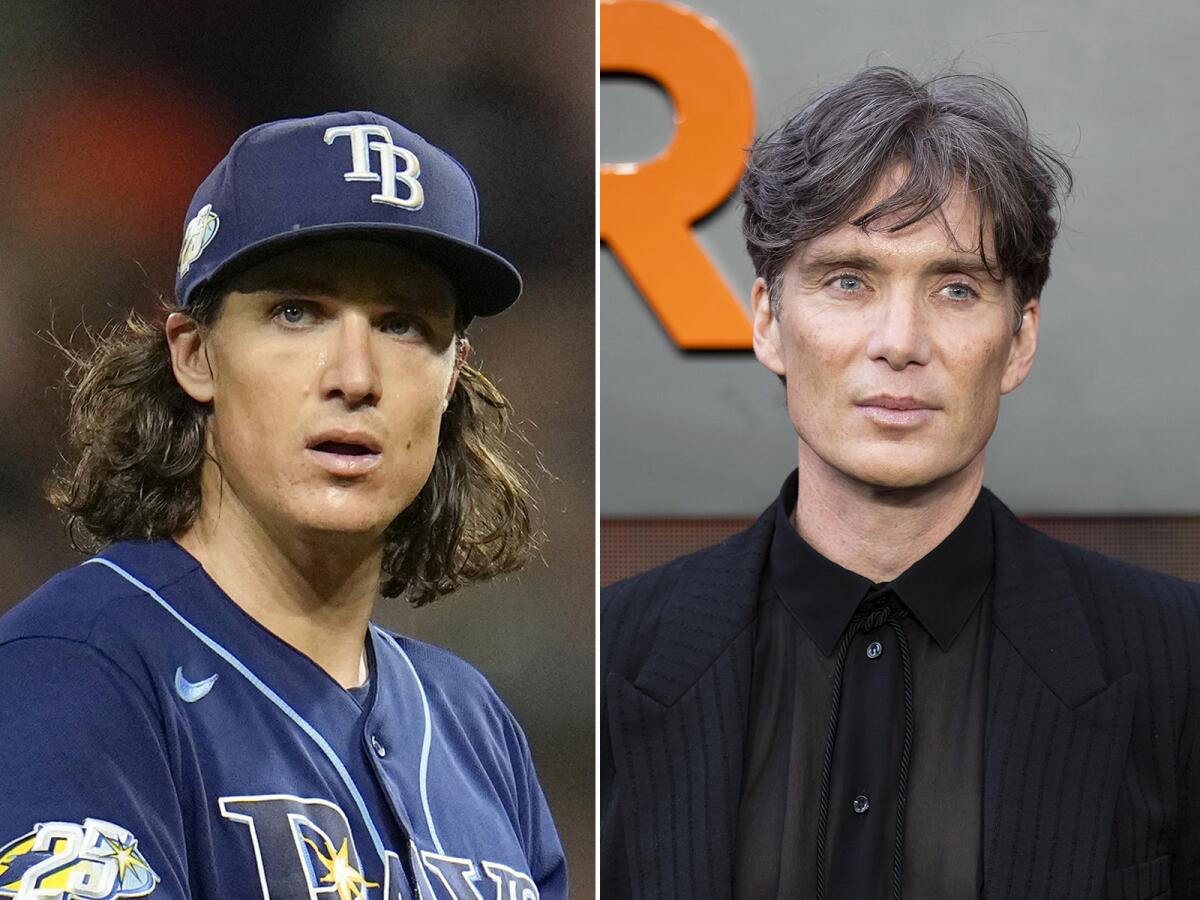 Tampa Bay Rays starting pitcher Tyler Glasnow on the left and actor Cillian Murphy on the right.