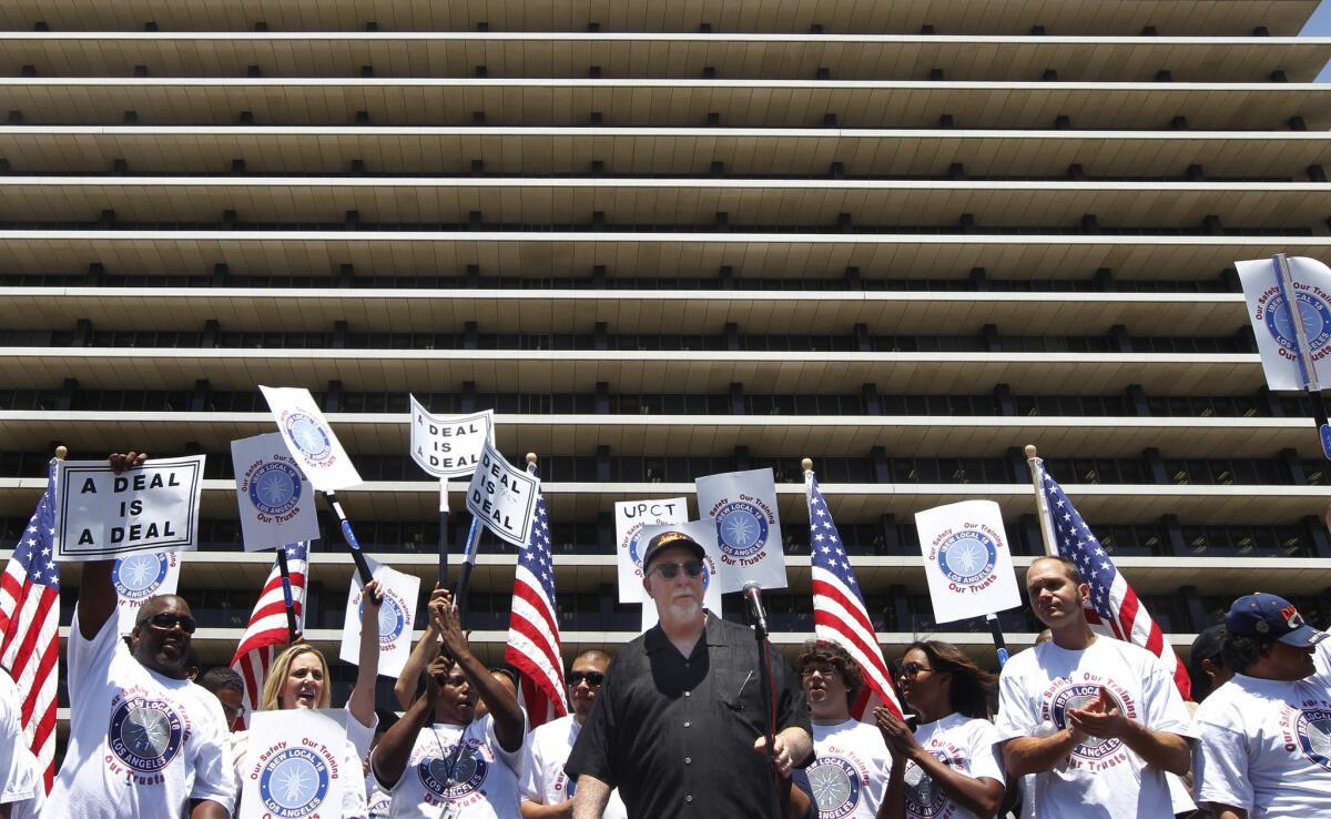 Department of Water and Power union boss Brian D'Arcy speaks at a rally outside the DWP on June 17.