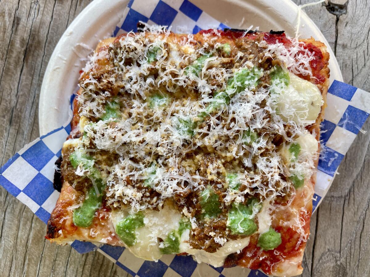 A slice of lasagna pizza from Mievè, a pizza pop-up at Kiff Kafe in West Los Angeles.