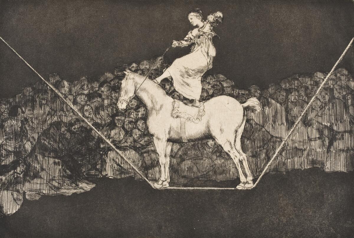 A woman dances on the back of a horse balanced on a tightrope in Goya's "Punctual Folly"