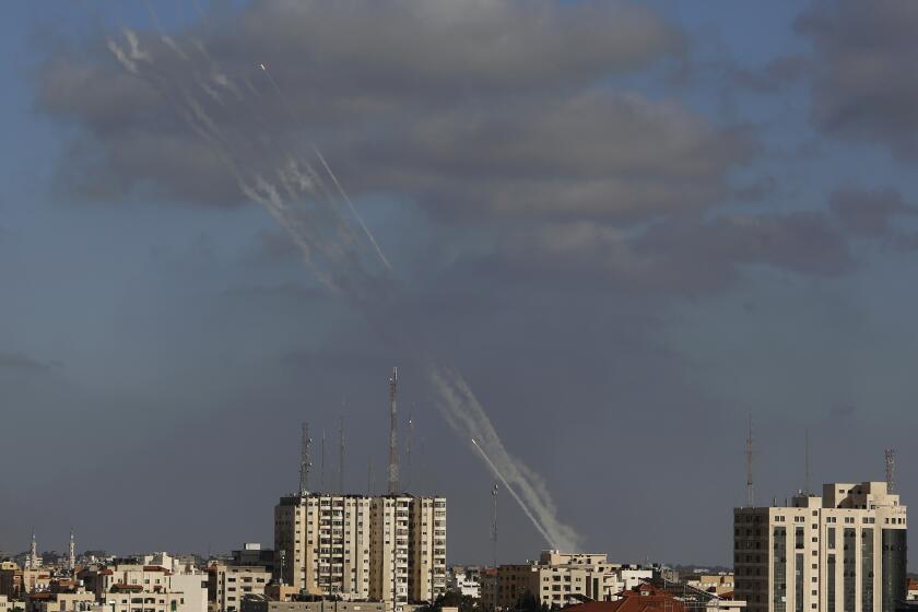 Rockets are launched from the Gaza Strip to Israel, Monday, May 17, 2021. (AP Photo/Hatem Moussa)