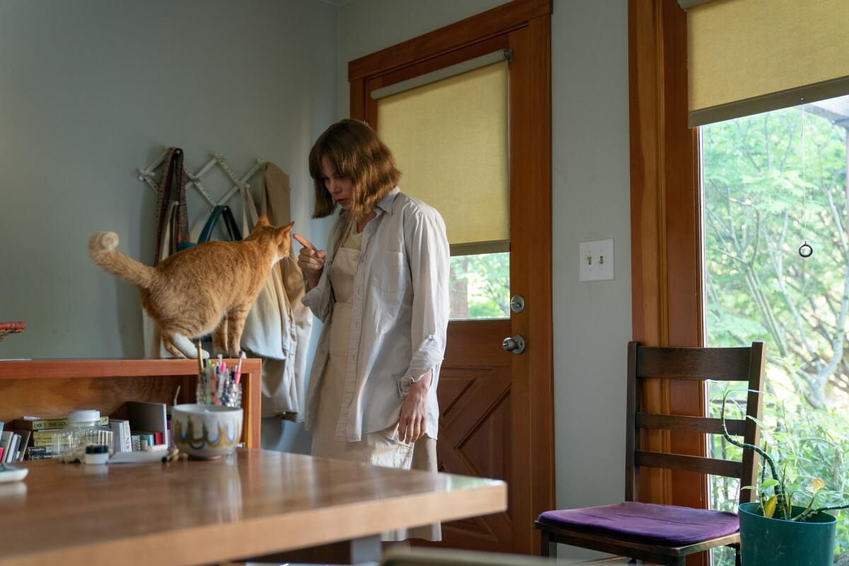 A woman in a room pets the cat on a table in front of her