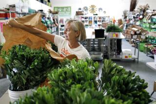 TORRANCE-CA-JUNE 17, 2021: Casey Schwartz unwraps greenery at Flower Duet, a floral design business she co-owns with her sister Kit Wertz, as they prepare for events this weekend at their studio in Torrance on Thursday, June 17, 2021. (Christina House / Los Angeles Times)