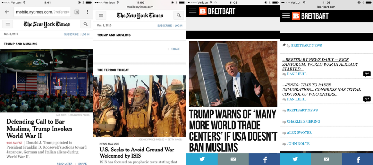 On the left, the site in Chrome, without the "Trump Trump" blocker enabled. On the right, the site in Safari, with the blocker enabled.