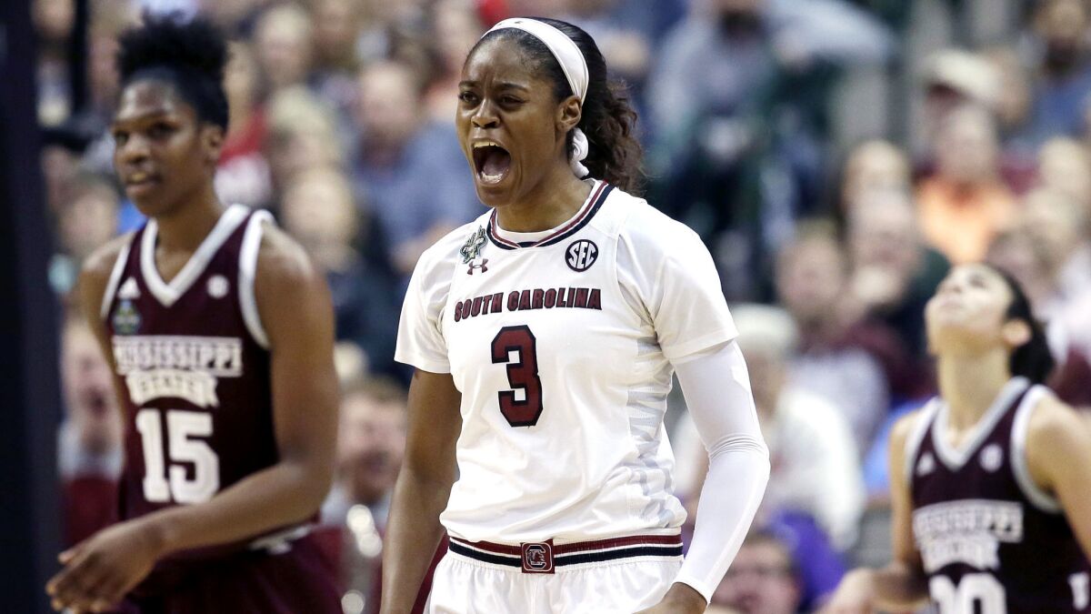 South Carolina guard Kaela Davis reacts after scoring against Mississippi State during the second half Sunday.