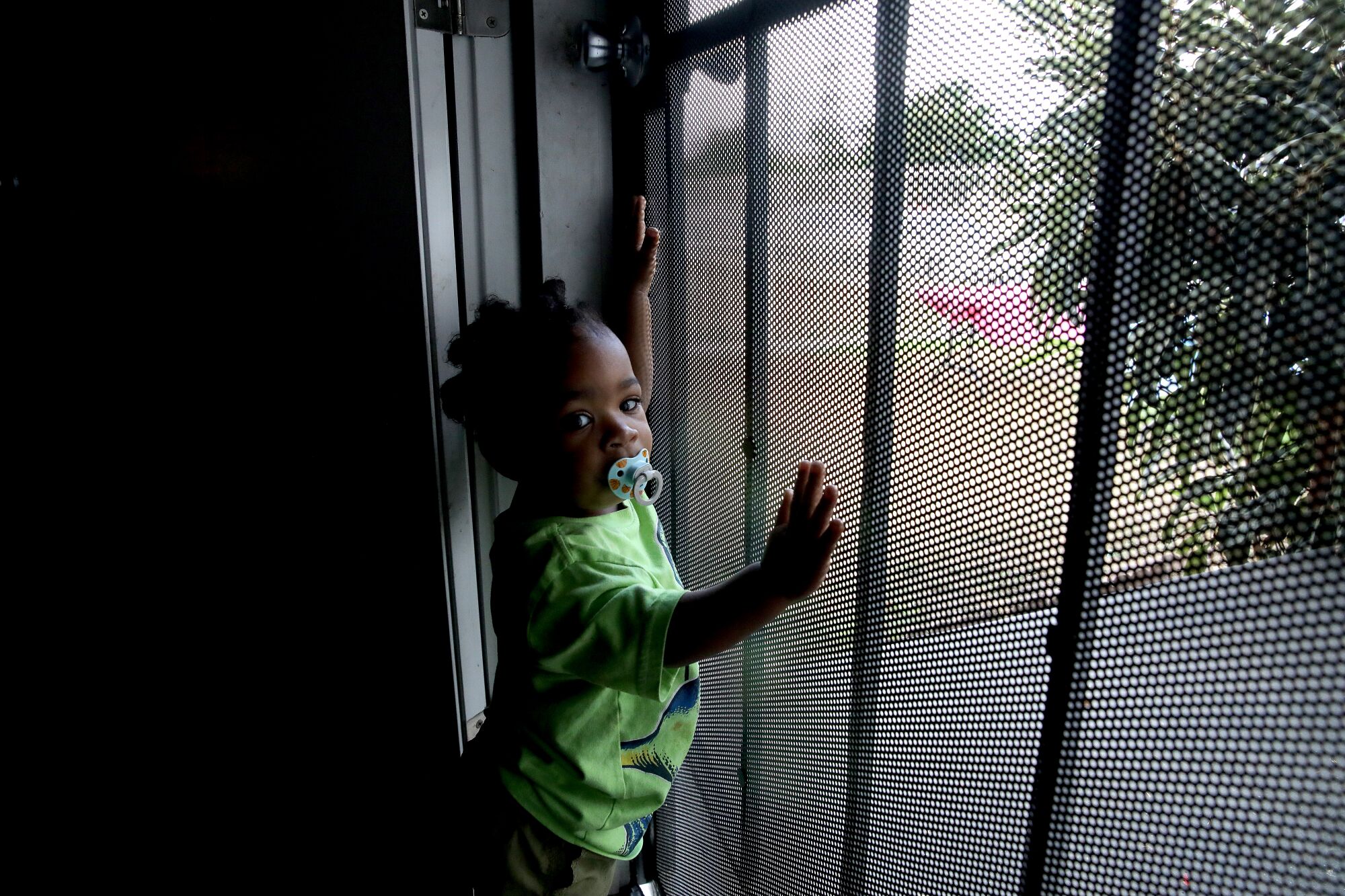 Young child at screen door