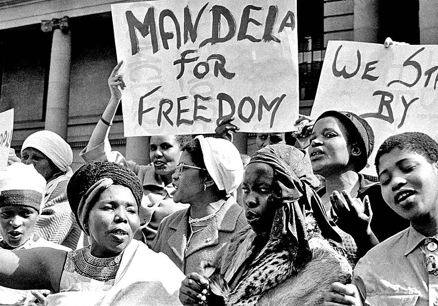 Protesters demonstrate in Johannesburg, South Africa, on Aug.16, 1962, demanding Mandela's release after his second arrest. His wife, Winnie, whom he had married in 1958, joined the protests. Mandela was sent to a penal colony off Cape Town, where he spent 13 years laboring in a quarry.