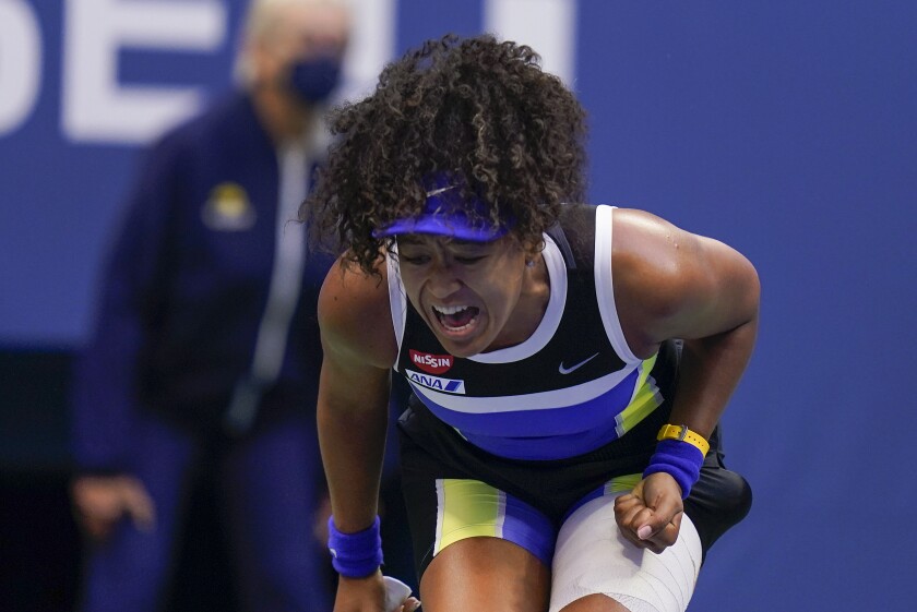 Naomi Osaka reacts during her victory over Victoria Azarenka in the U.S. Open women's final.