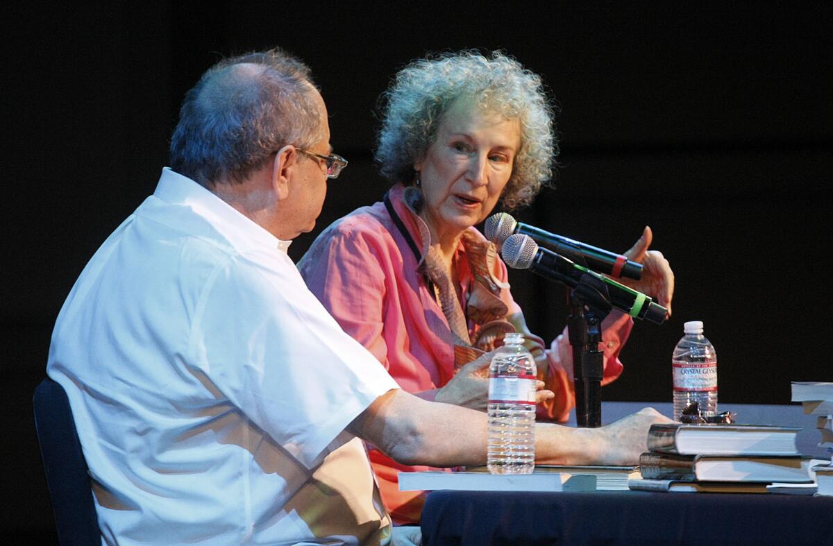 LOS ANGELES, CALIFORNIA: APRIL 20, 2013: Margaret Atwood (right) in conversation with Michael Silverblatt (left) at the 2013 Los Angeles Times Festival of Books on the campus of the University of Southern California on April 20, 2013. (Gary Friedman/Los Angeles Times)