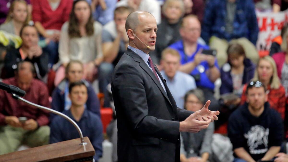 Independent candidate Evan McMullin speaks during a rally in Draper, Utah on Oct. 21. Two months after he jumped into the presidential race as a political unknown on the fringe, McMullin is surging in the polls in Utah and drawing large crowds at rallies.