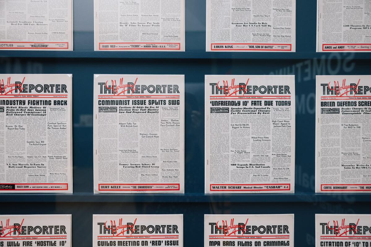 Historical reports from pages of the Hollywood Reporter on communism in Hollywood displayed in a grid pattern.