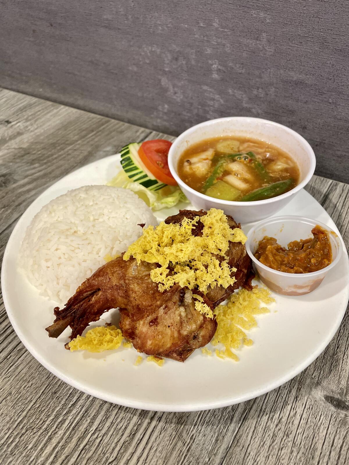 Nasi ayam kremes at Rice & Noodle, an Indonesian restaurant in Tustin.