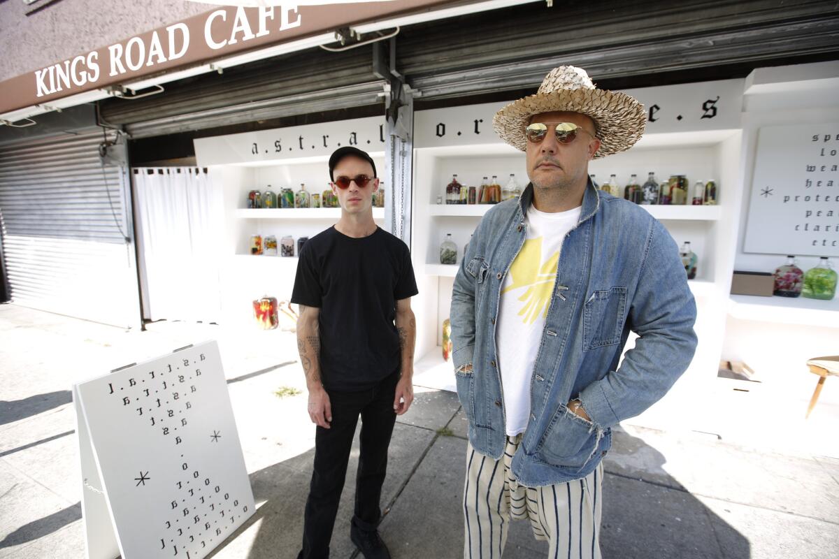 Lazaros, left, and art dealer, collector and promoter Stefan Simchowitz outside his Newsstand Project on Beverly Boulevard.