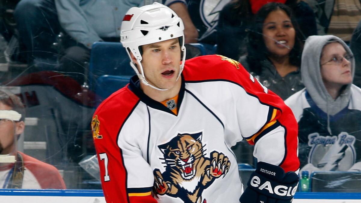 Steve Montador, playing for the Florida Panthers, controls the puck against the Tampa Bay Lightning during a March 25, 2008, game in Tampa.