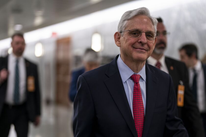 WASHINGTON, DC - April 26: Attorney General Merrick Garland departs after testifying in front of the Senate Appropriations Commerce, Justice and Science, and Related Agencies Subcommittee hearing on the FY2023 Justice Department budget on U.S. Capitol Building on Tuesday, April 26, 2022 in Washington, DC. (Kent Nishimura / Los Angeles Times)