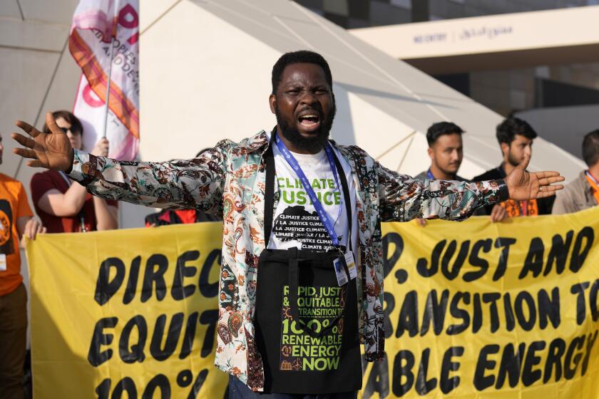 Varias personas participan en una manifestación en favor de una transición justa y equitativa de los combustibles fósiles a las energías renovables, en la COP28, el 5 de diciembre de 2023, en Dubái, Emiratos Árabes Unidos. (AP Foto/Kamran Jebreili)