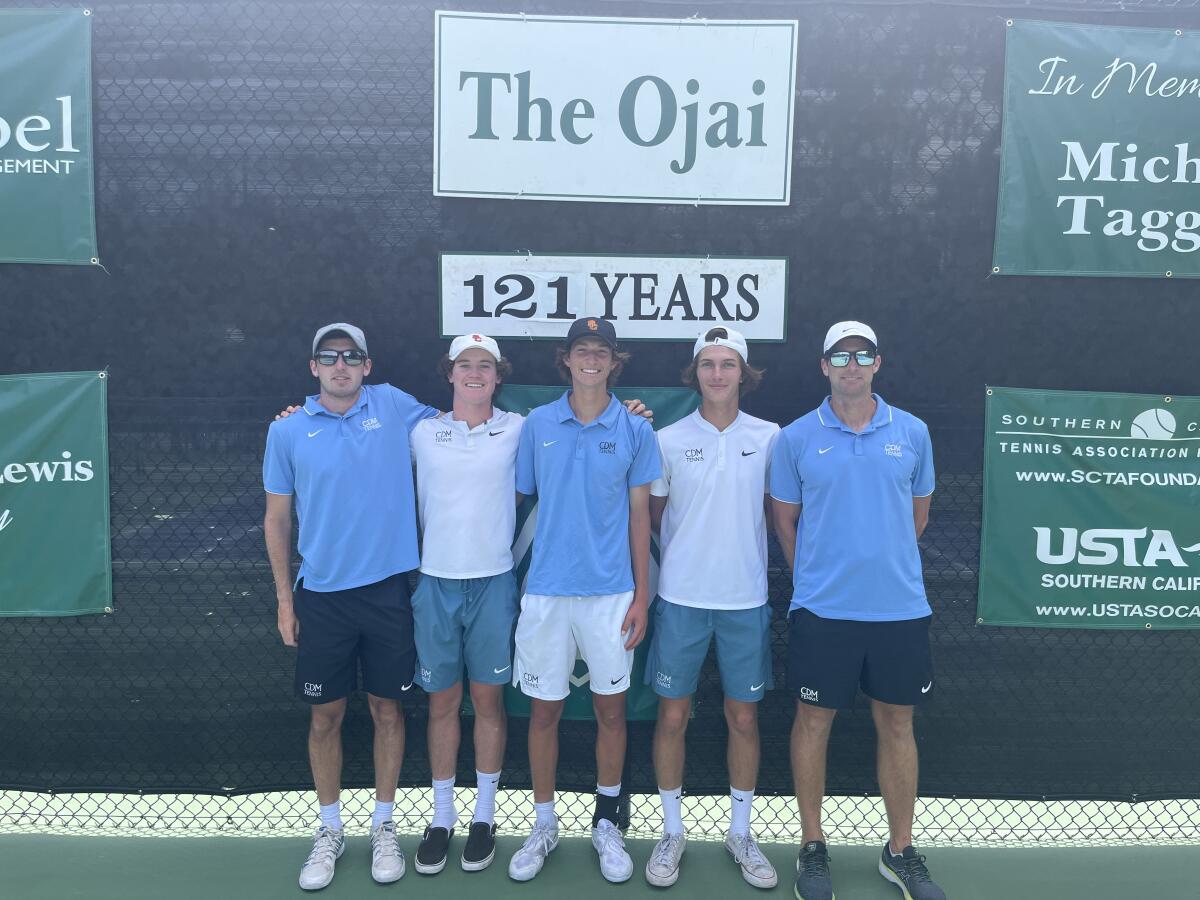 CdM boys' tennis assistant coach Alastair Hurry, Jack Cross, Niels Hoffman, Jonathan Hinkel and head coach Jamie Gresh.