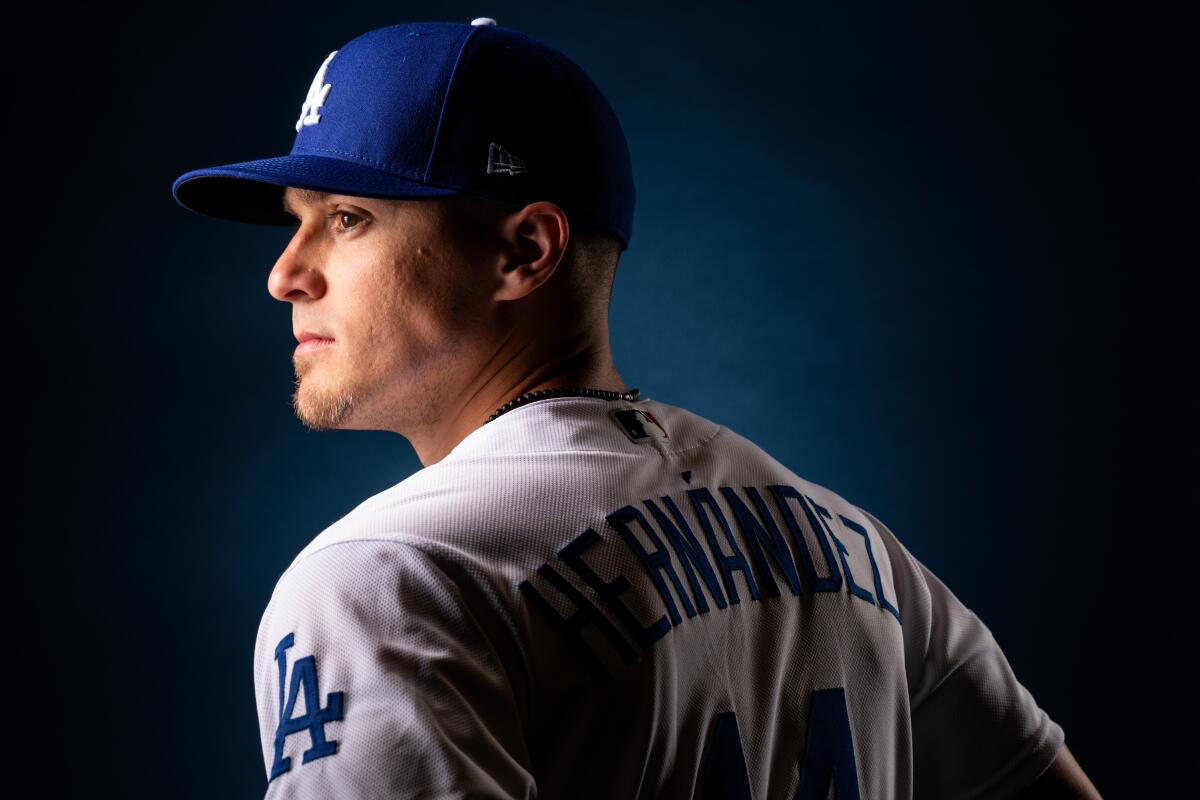 Dodgers infielder Kiké Hernández poses for a portrait during spring training photo day Feb. 20, 2020, in Phoenix.