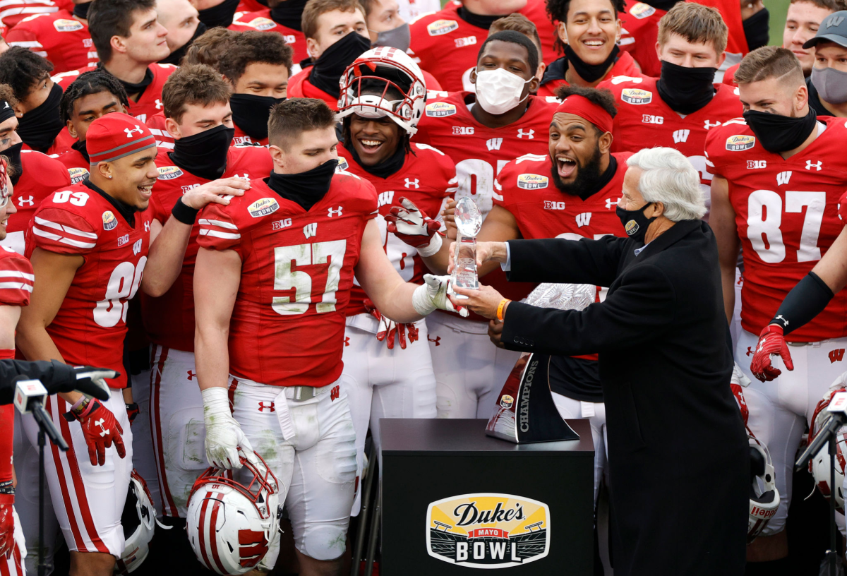 Wisconsin linebacker Jack Sanborn is named MVP of the Duke's Mayo Bowl after the Badgers' 42-28 win.
