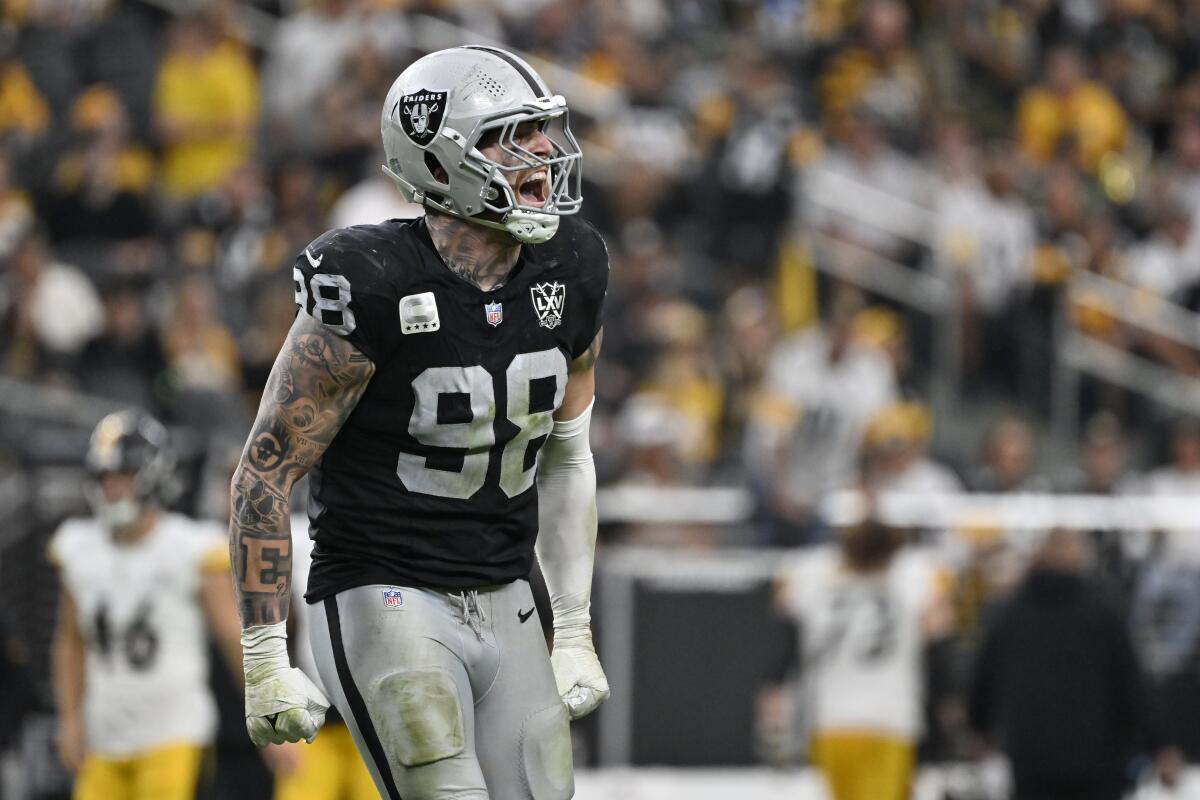 Raiders defensive end Maxx Crosby celebrates during a game against the Steelers on Oct. 13.