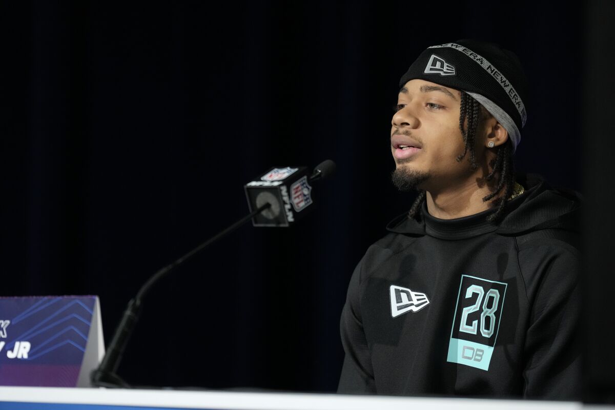 LSU defensive back Derek Stingley Jr speaks during a press conference at the NFL football scouting combine in Indianapolis, Saturday, March 5, 2022. (AP Photo/AJ Mast)