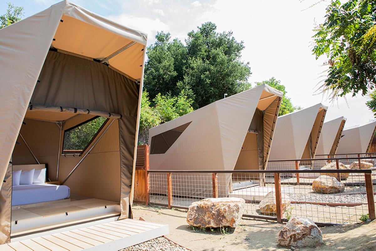 Upscale tents are shown in a row with the front flaps rolled open, revealing beds with linens inside.