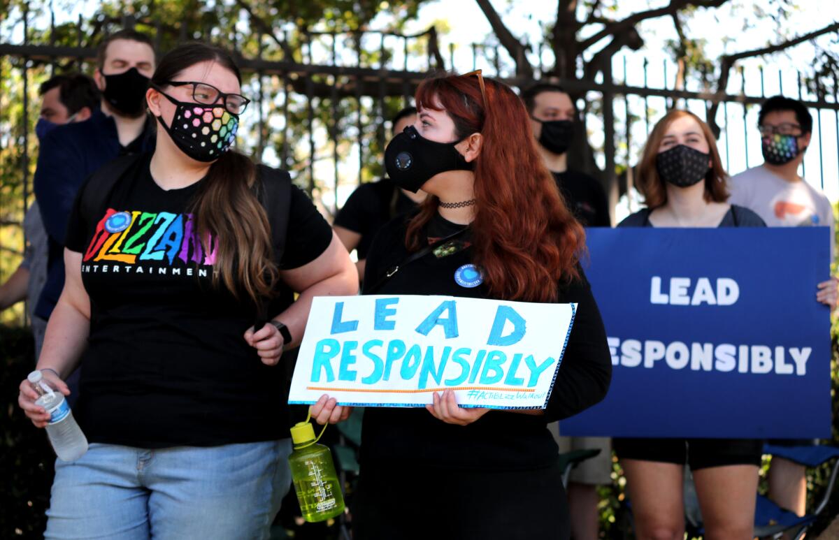 Employees protest reported sexual harassment and discrimination at Activision Blizzard in Irvine in the summer of 2021. 