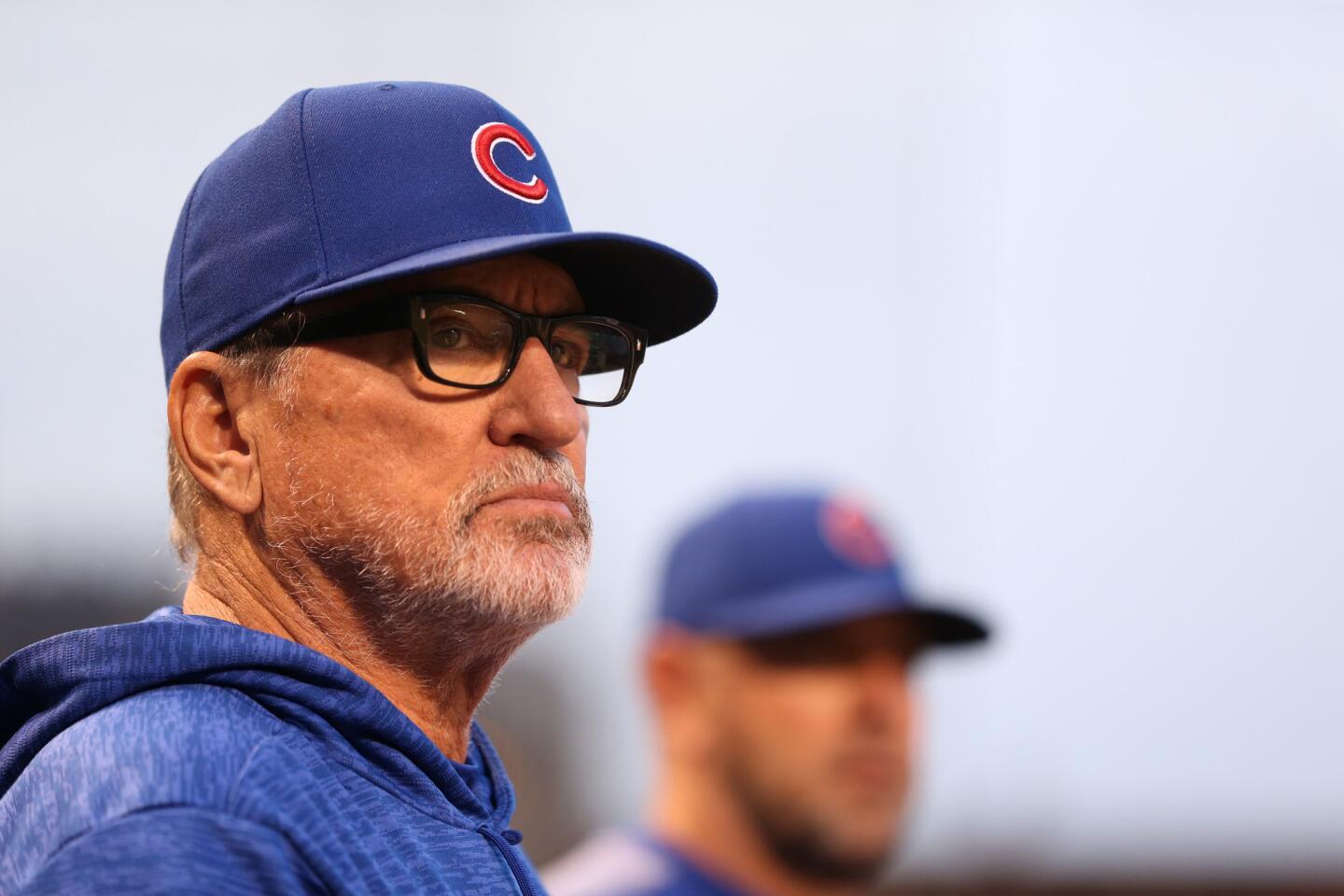 Cubs manager Joe Maddon looks on in the second inning of a game against the Marlins at Wrigley Field on Tuesday, May 8, 2018.