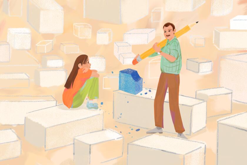Illustration of a girl and father surrounded by white boxes with one blue box being erased by a giant pencil