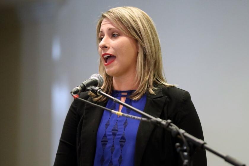 Democrat Katie Hill, running against Rep. Steve Knight (R-Palmdale) at a candidate forum in Lancaster.